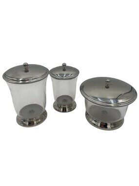 Set Of 3 Plexi Glass Stainless Steel Canisters W Lids Small Medium Large Sizes